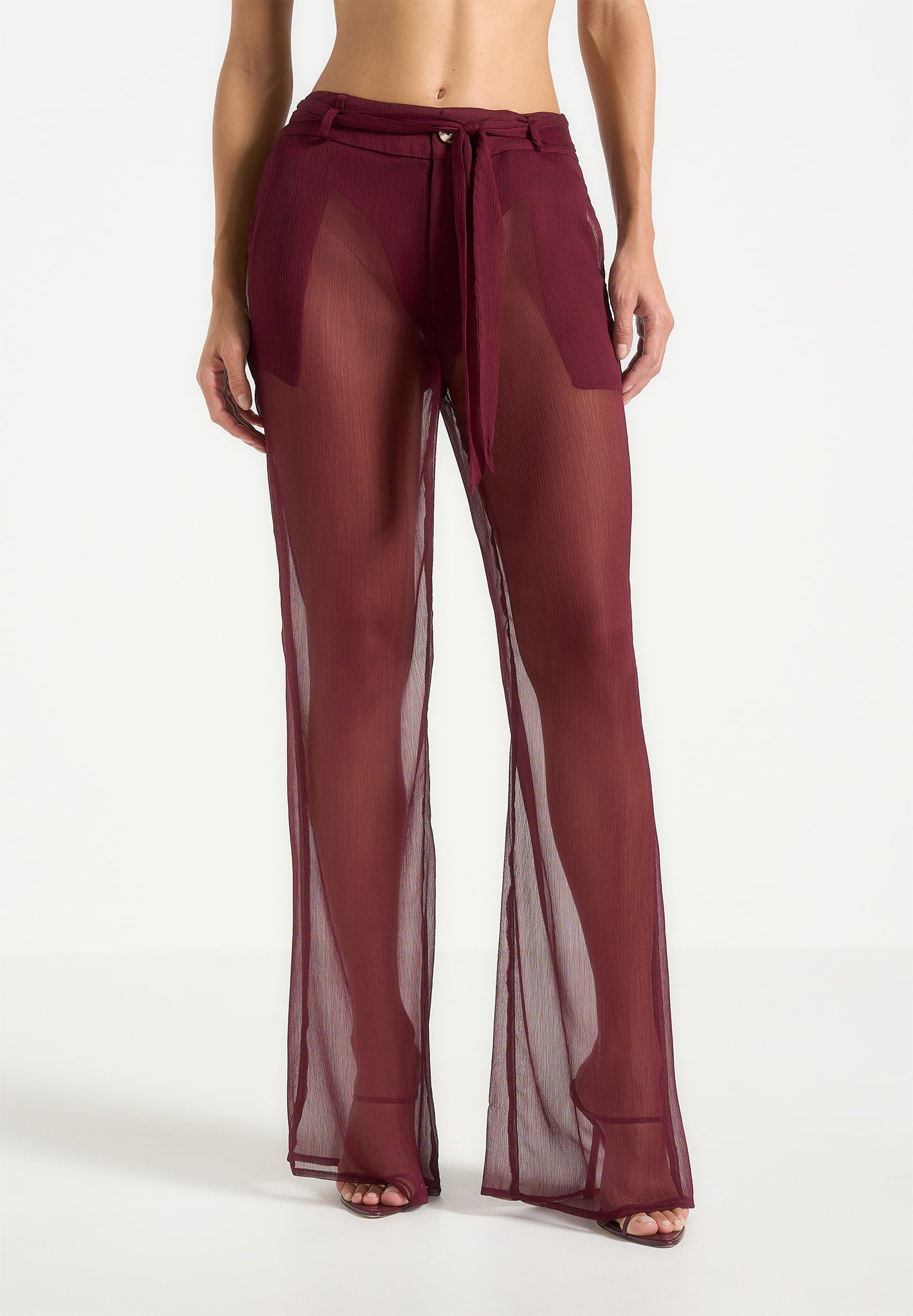 Sheer Belted Trousers - Wine Red