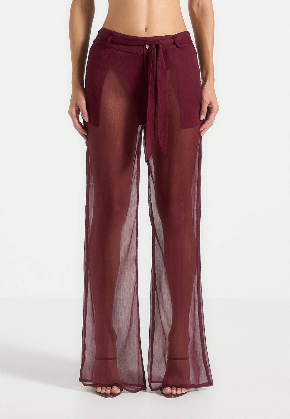 Sheer Belted Trousers - Wine Red