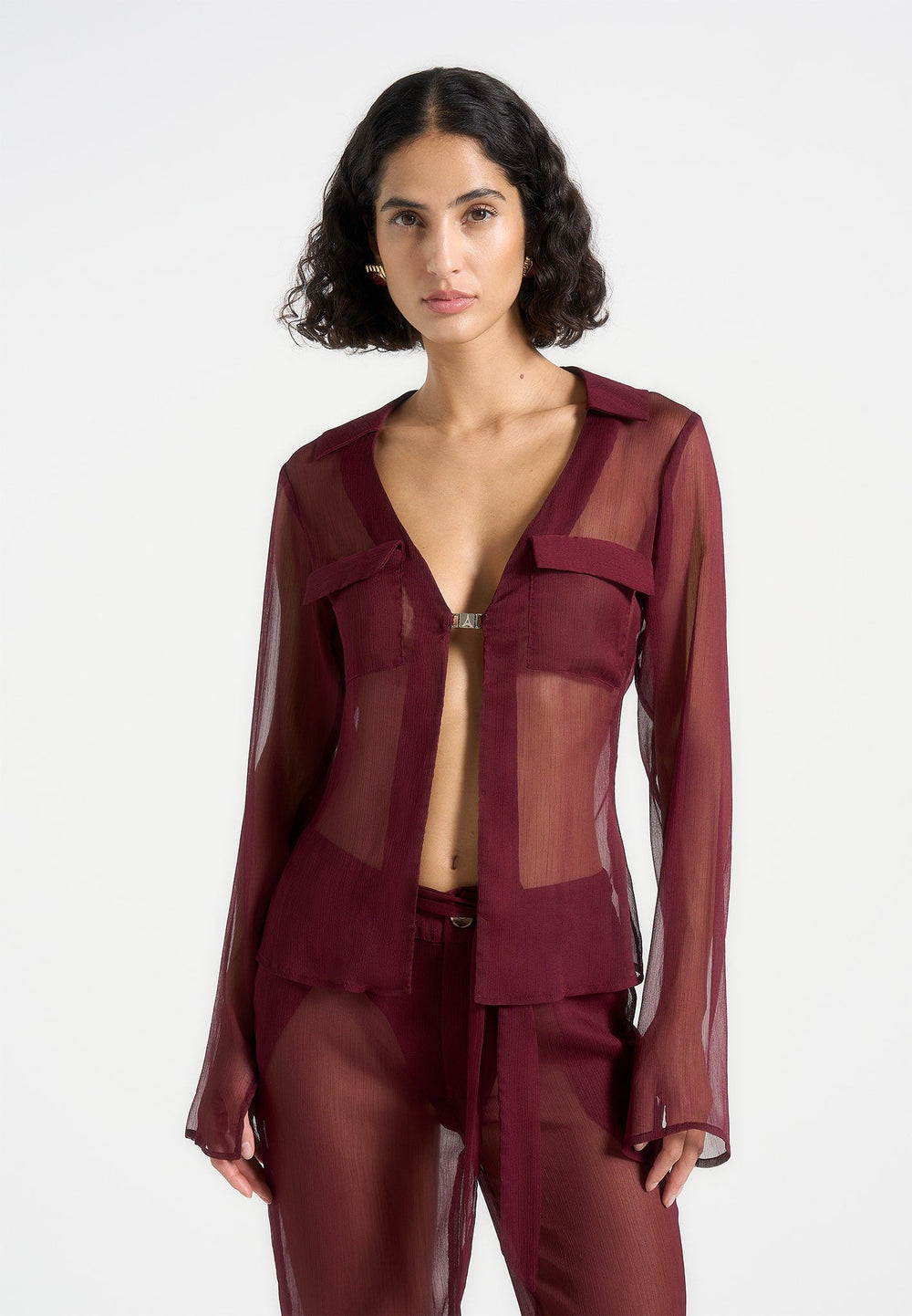 Sheer Shirt with Clasp - Wine Red