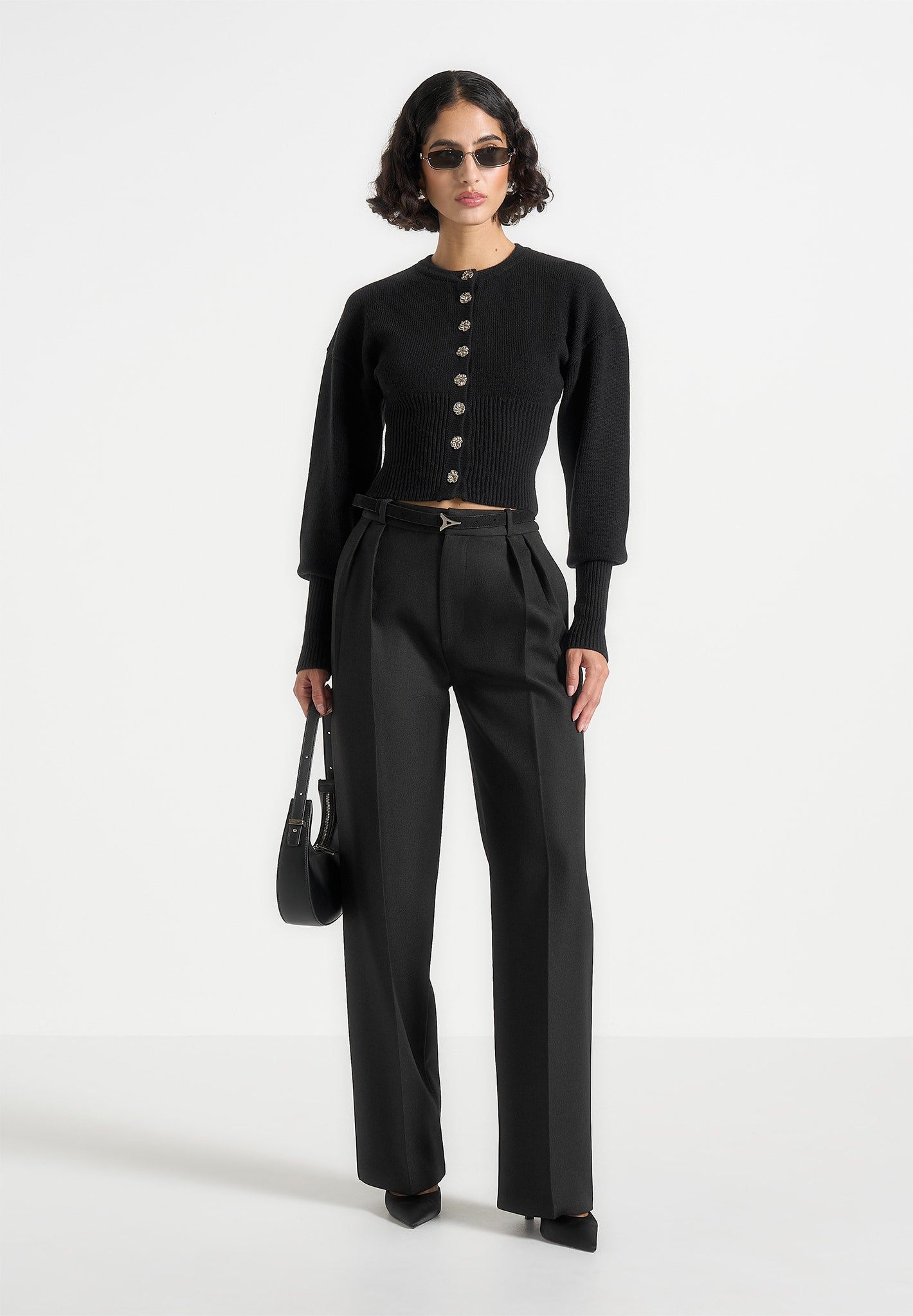 Knitted Cinch Waist Cardigan - Black | Manière De Voir USA