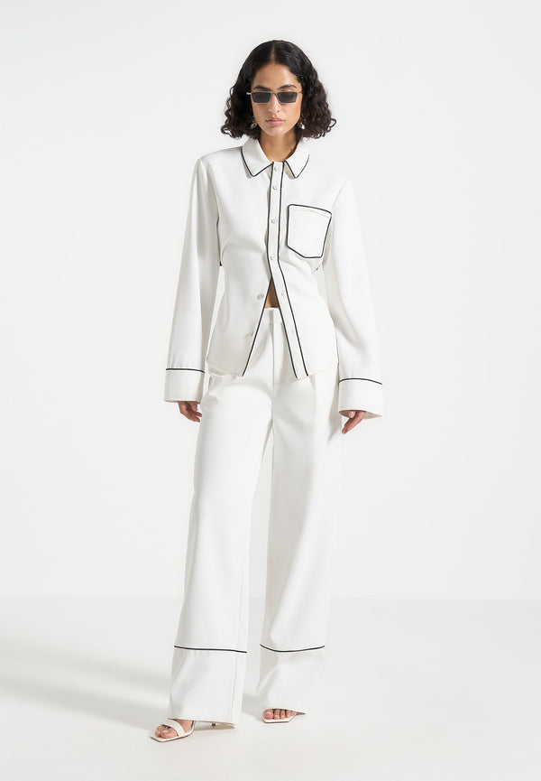 Mina - Contrast Piped Pleated Trousers - White/Black