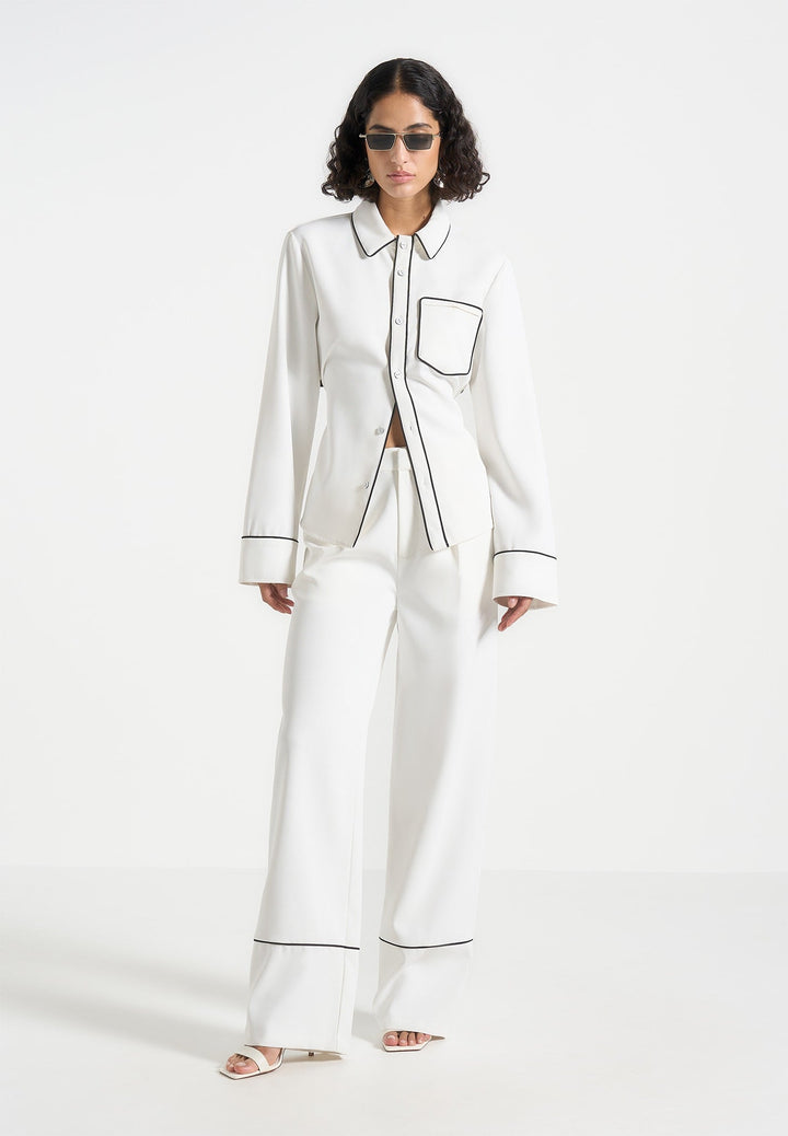 Mina - Contrast Piped Pleated Trousers - White/Black