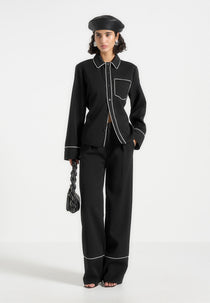 Contrast Piped Backless Tie Shirt - Black/White