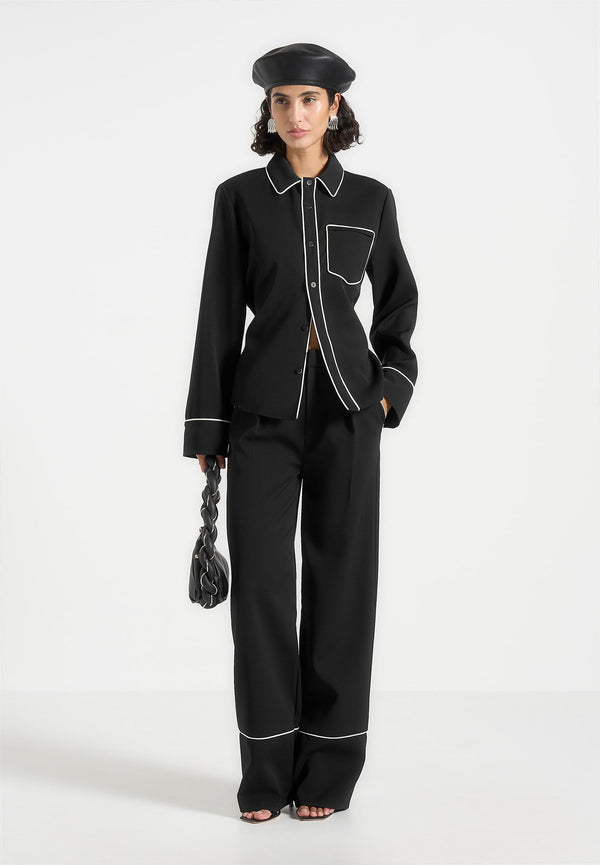 Contrast Piped Backless Tie Shirt - Black/White