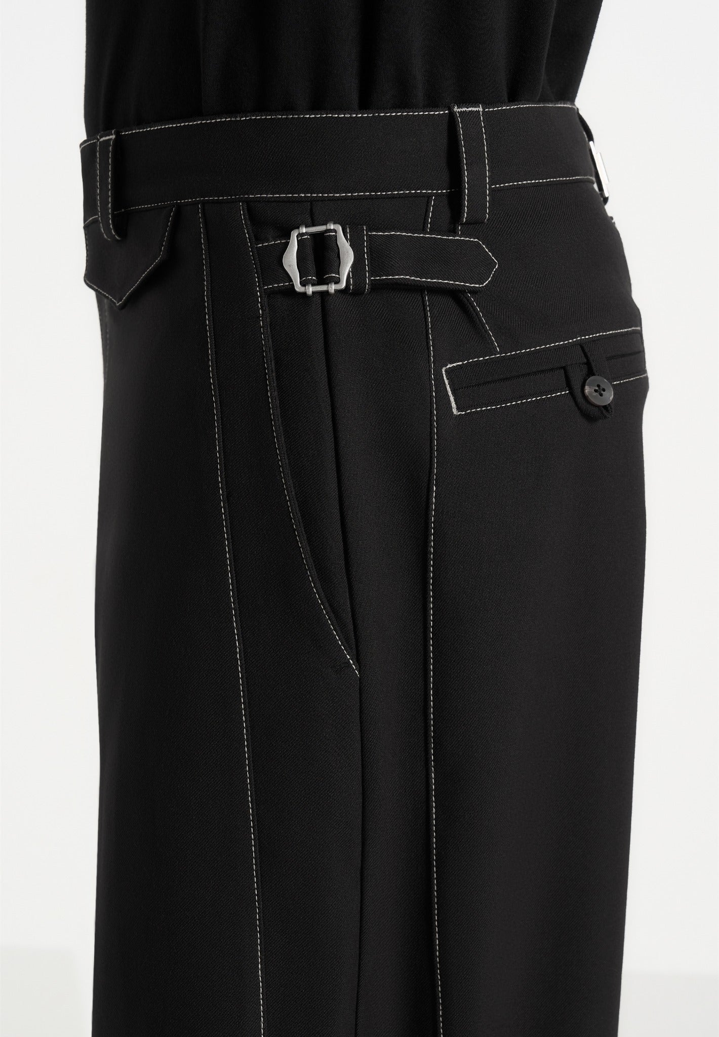 Marceau - Contrast Stitch Barrel Leg Pants - Black