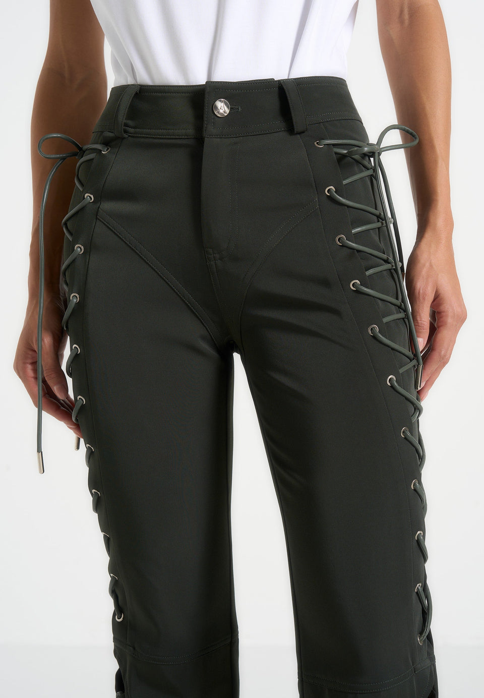 Ambre - Drill Lace Up Flared Pants - Olive