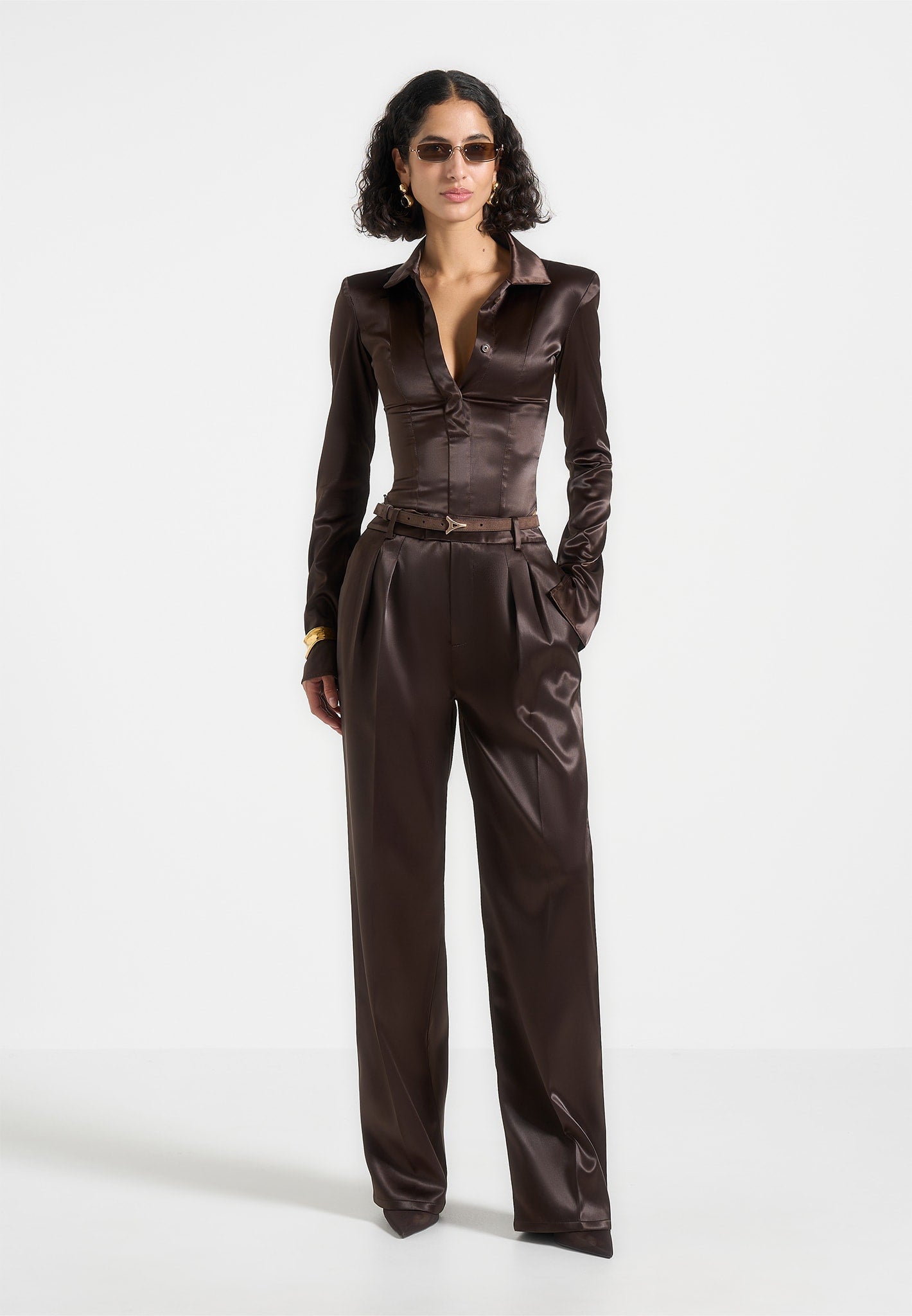 Julie - Satin Tailored Twin Pleat Trousers - Brown | Manière De