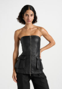 Leather Longline Bandeau Top - Black