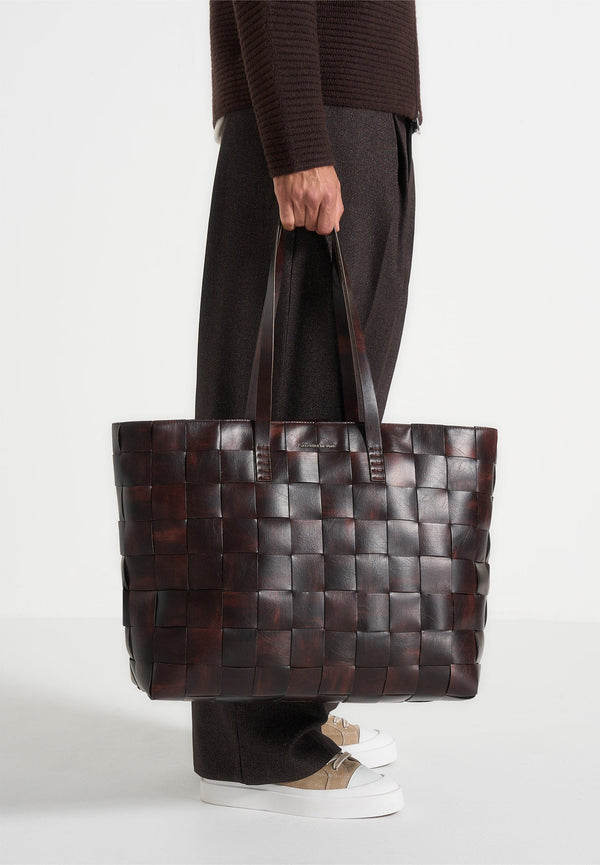Sam - Vintage Leather Woven Tote Bag - Brown