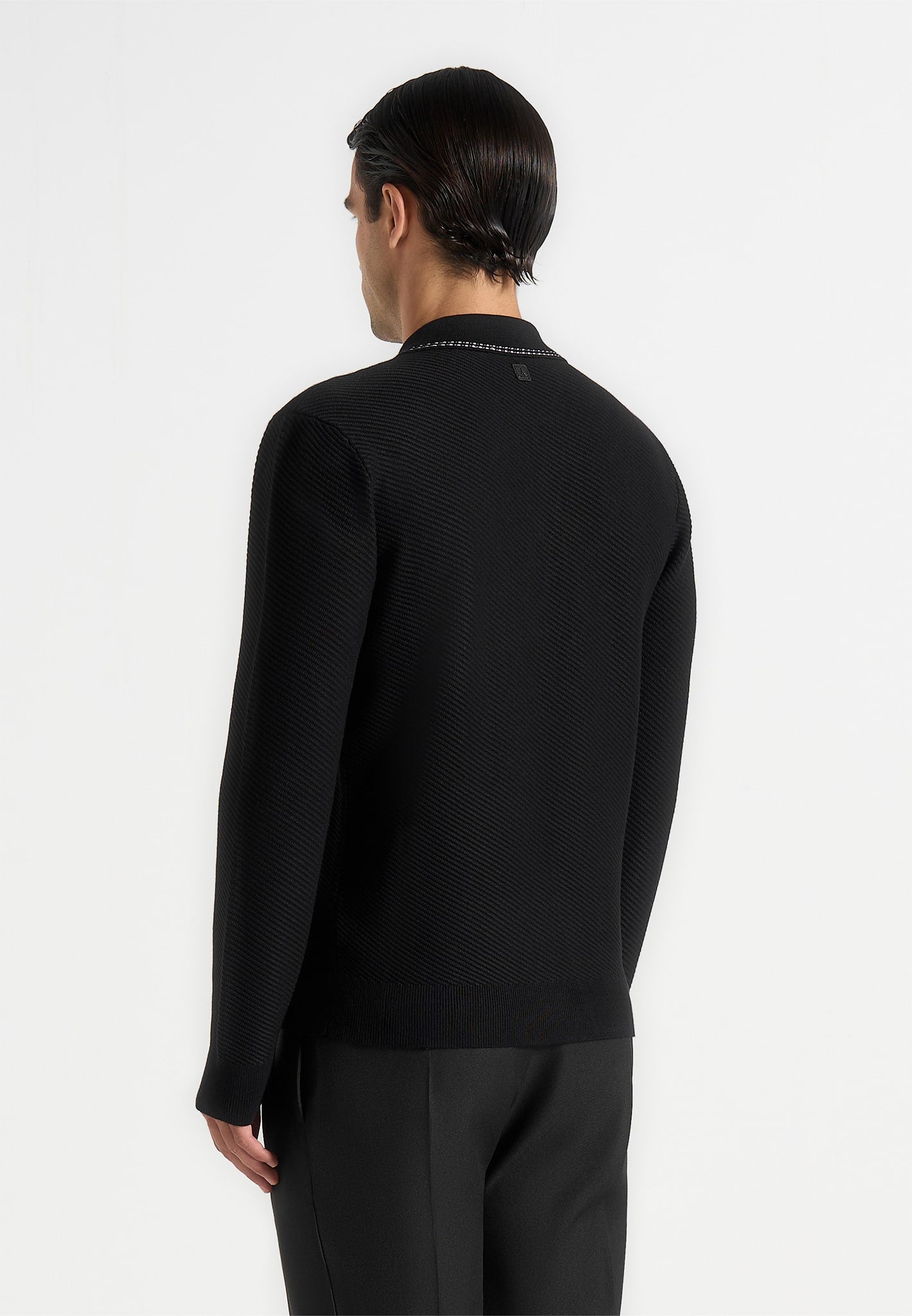 Aymeric - Whipstitch Detail Long Sleeve Knit Polo Shirt - Black