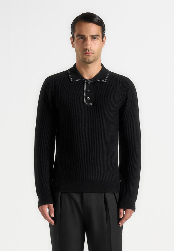 Aymeric - Whipstitch Detail Long Sleeve Knit Polo Shirt - Black