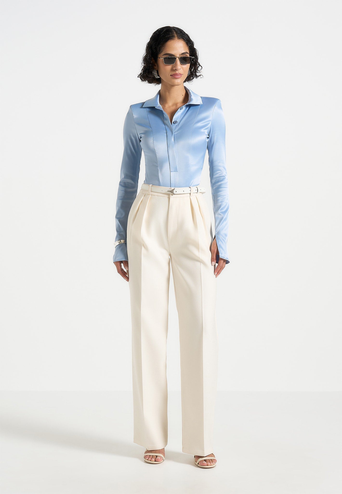 Women's Wide Shoulder Satin Shirt Bodysuit - Pale Blue - US 0 - Louise