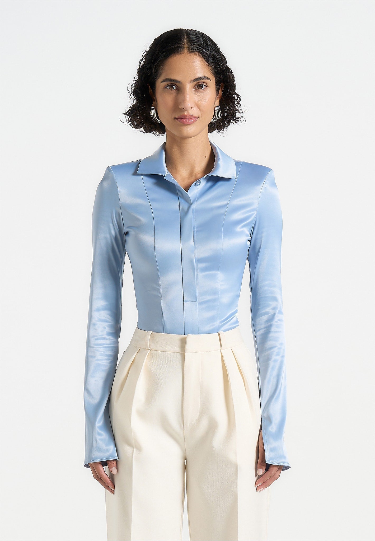 Women's Wide Shoulder Satin Shirt Bodysuit - Pale Blue - US 0 - Louise