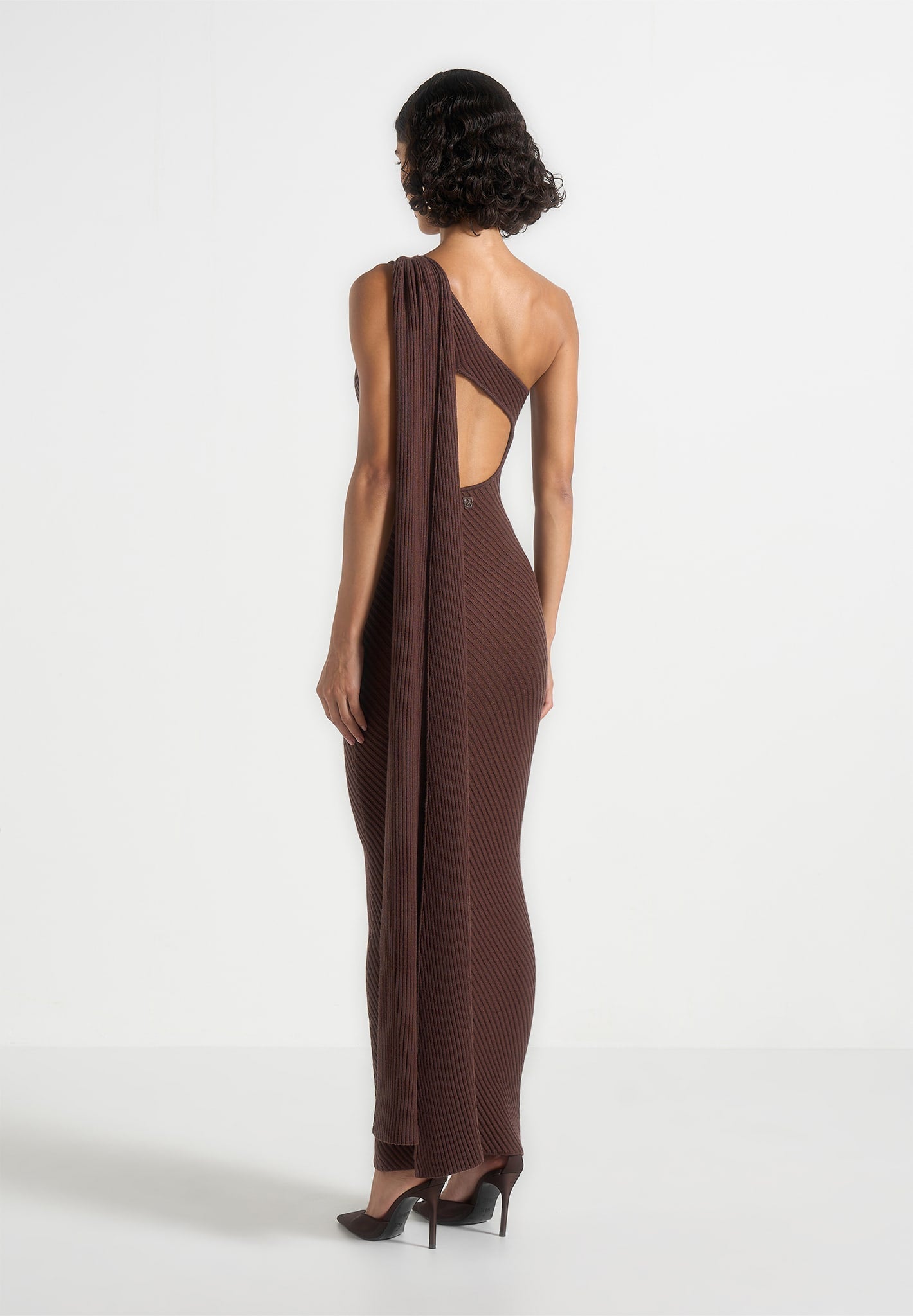 Women's Asymmetric Knit Maxi Dress With Scarf - Brown - L - Laya - Manire de Voir Women's Asymmetric Knit Maxi Dress With Scarf - Brown - L - Laya - Manire de Voir