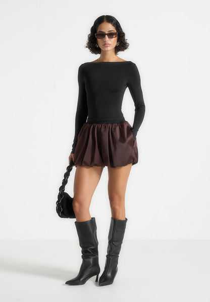 Treat Urself 「satin balloon short pants」 Zoe - Satin Balloon Shorts - Espresso/Black | Manière De Voir USA