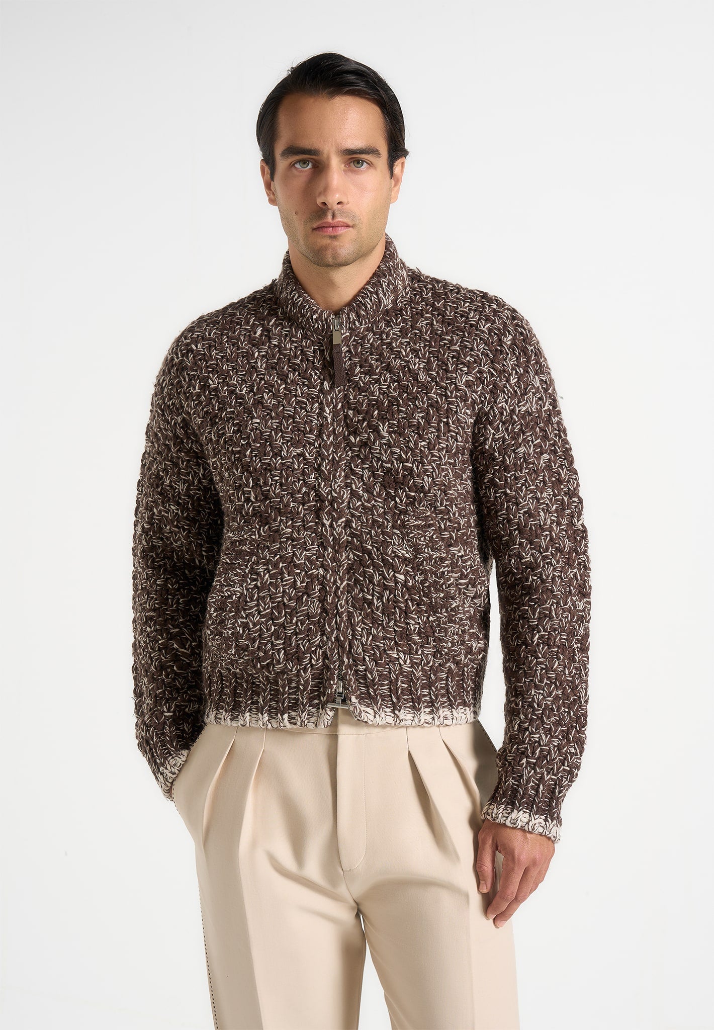 Darel - Speckled Knit Bomber Jacket - Brown 