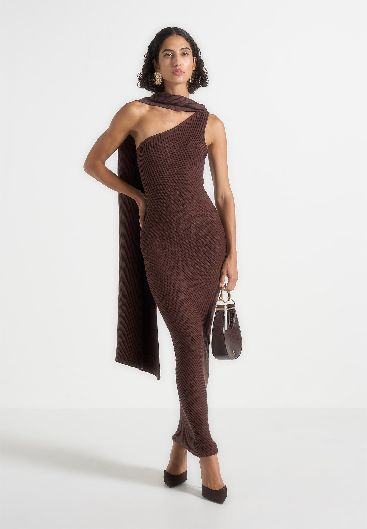 Women's Asymmetric Knit Maxi Dress With Scarf - Brown - L - Laya