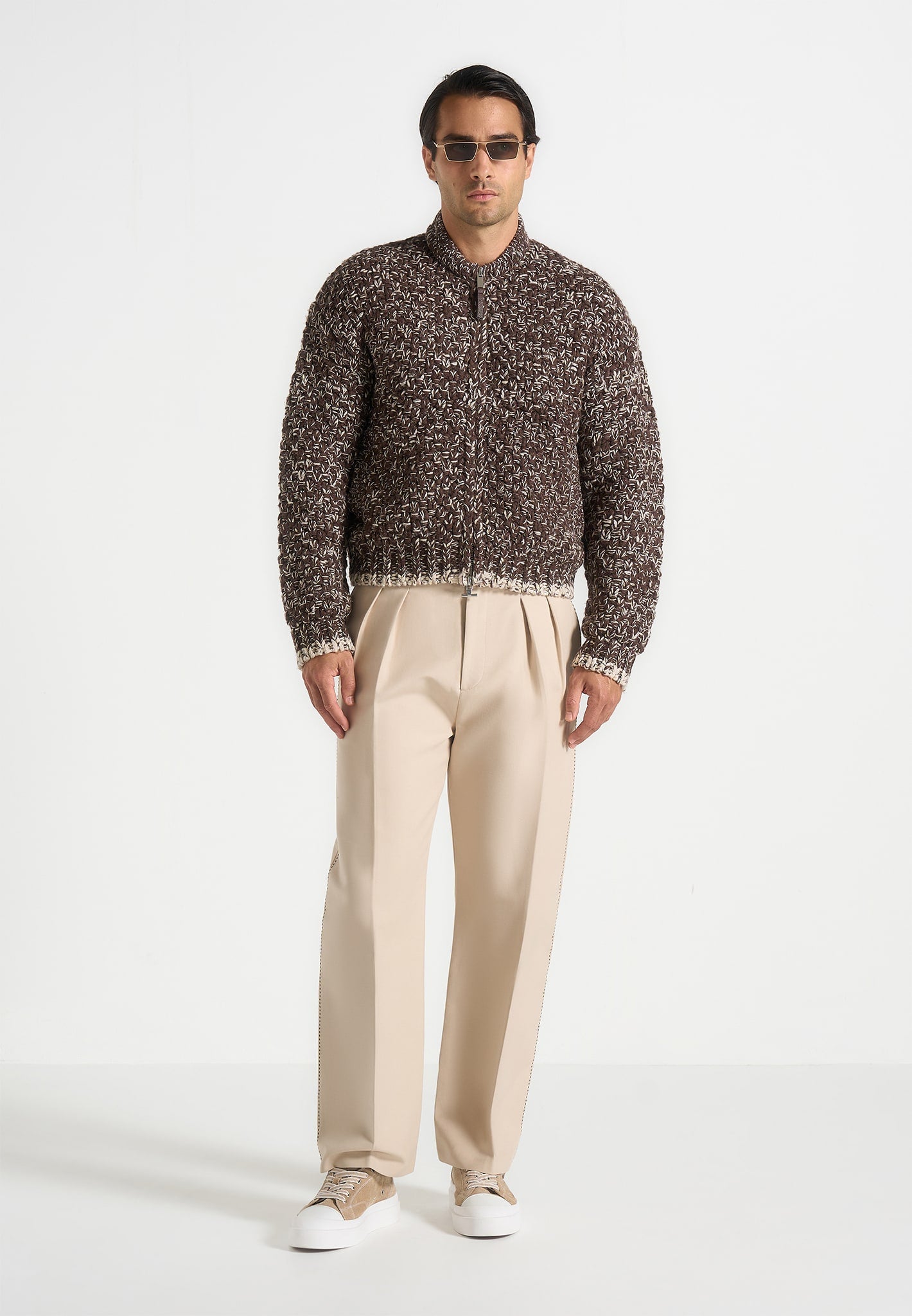 Darel - Speckled Knit Bomber Jacket - Brown 