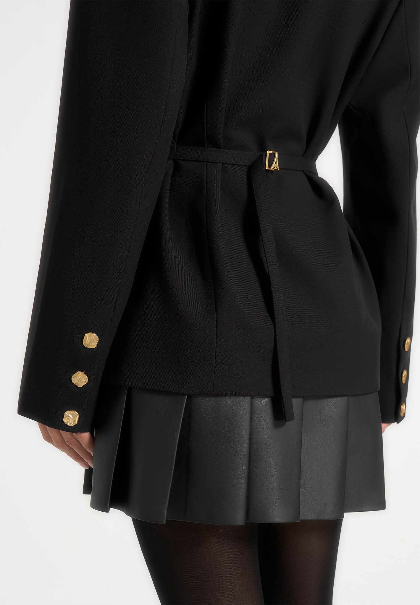 Nicole - Tailored Cinch Blazer Dress with Pleats - Black | Manire De Voir USA Nicole - Tailored Cinch Blazer Dress with Pleats - Black | Manire De Voir USA