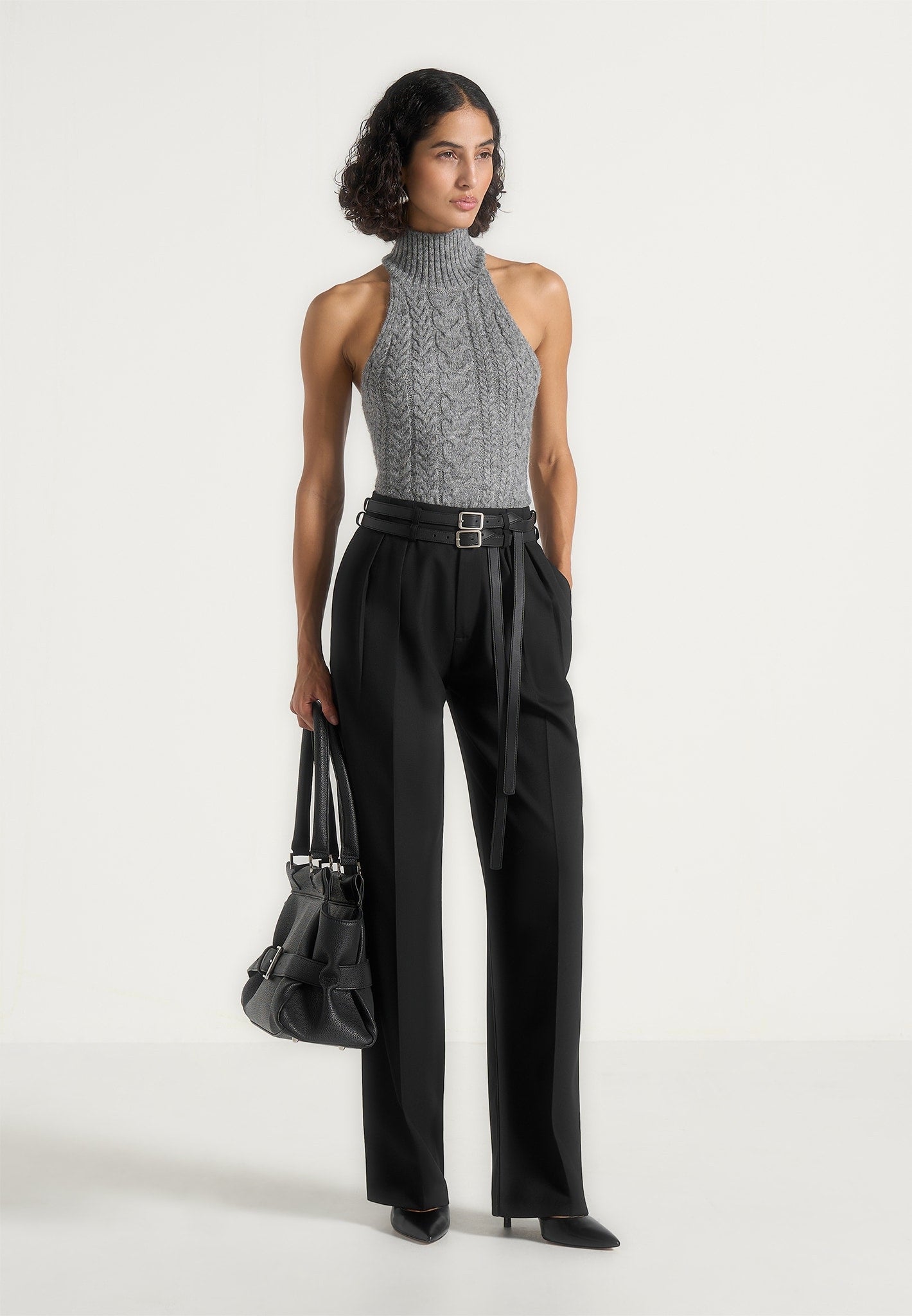 コルニエ　cornier wool silk nep belted pants Pascale - Tailored Twin Belt Pants - Black | Manière De Voir USA