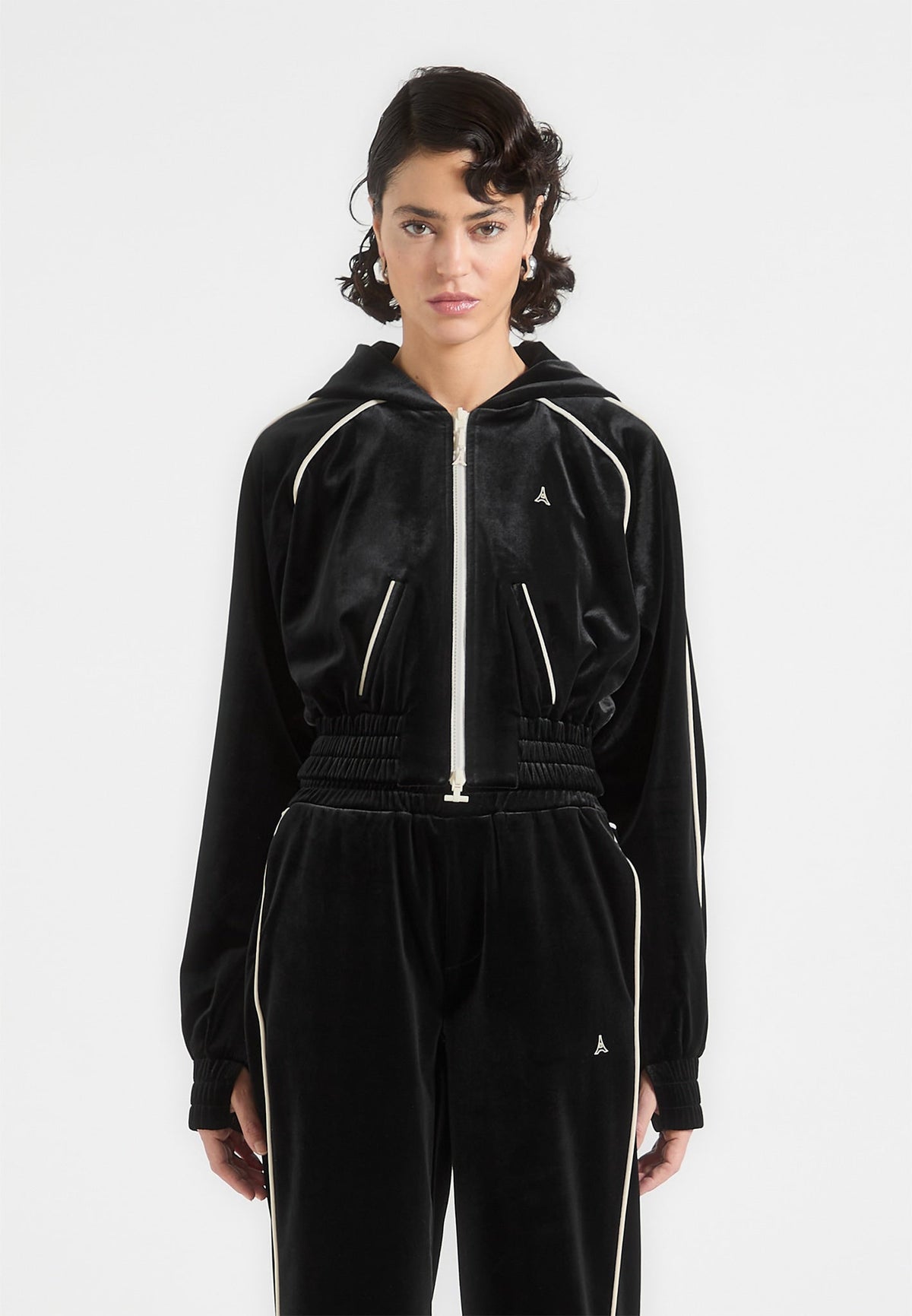Eiffel Velour Zip Through Hoodie - Black