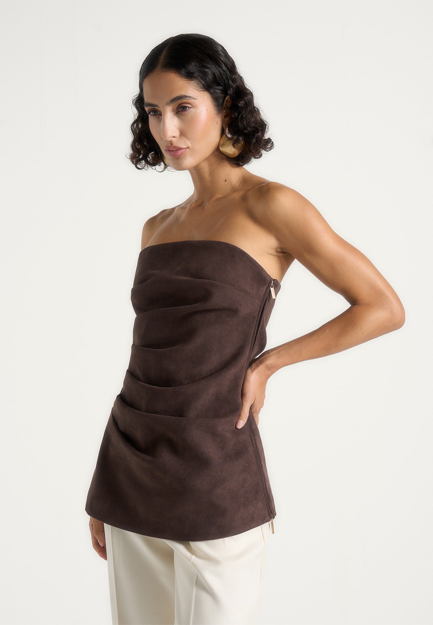 Laurena - Suede Tacked Longline Tube Top - Brown | Manière De Voir USA