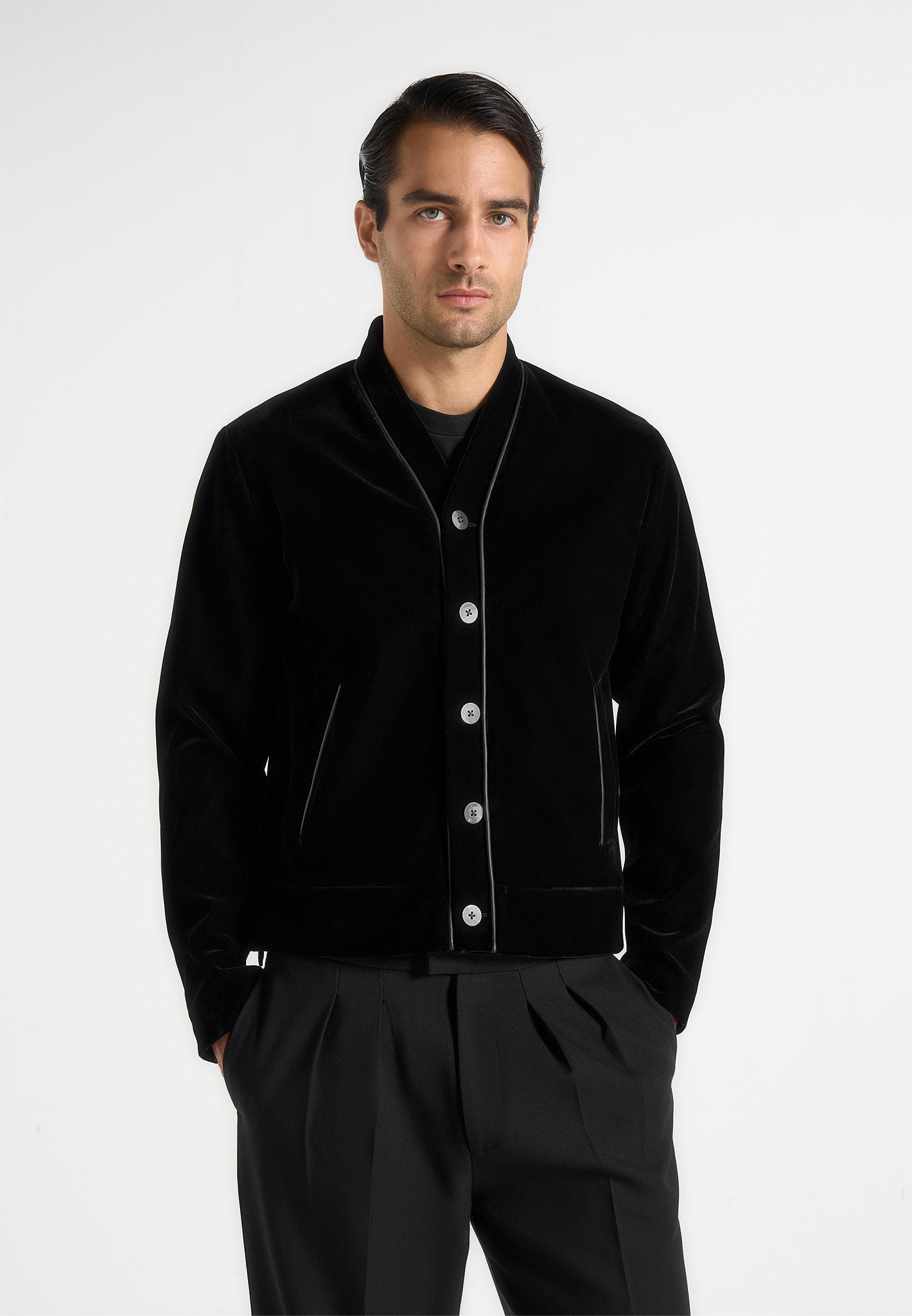 Nassim - Velvet Jacket With Contrast Piping - Black 