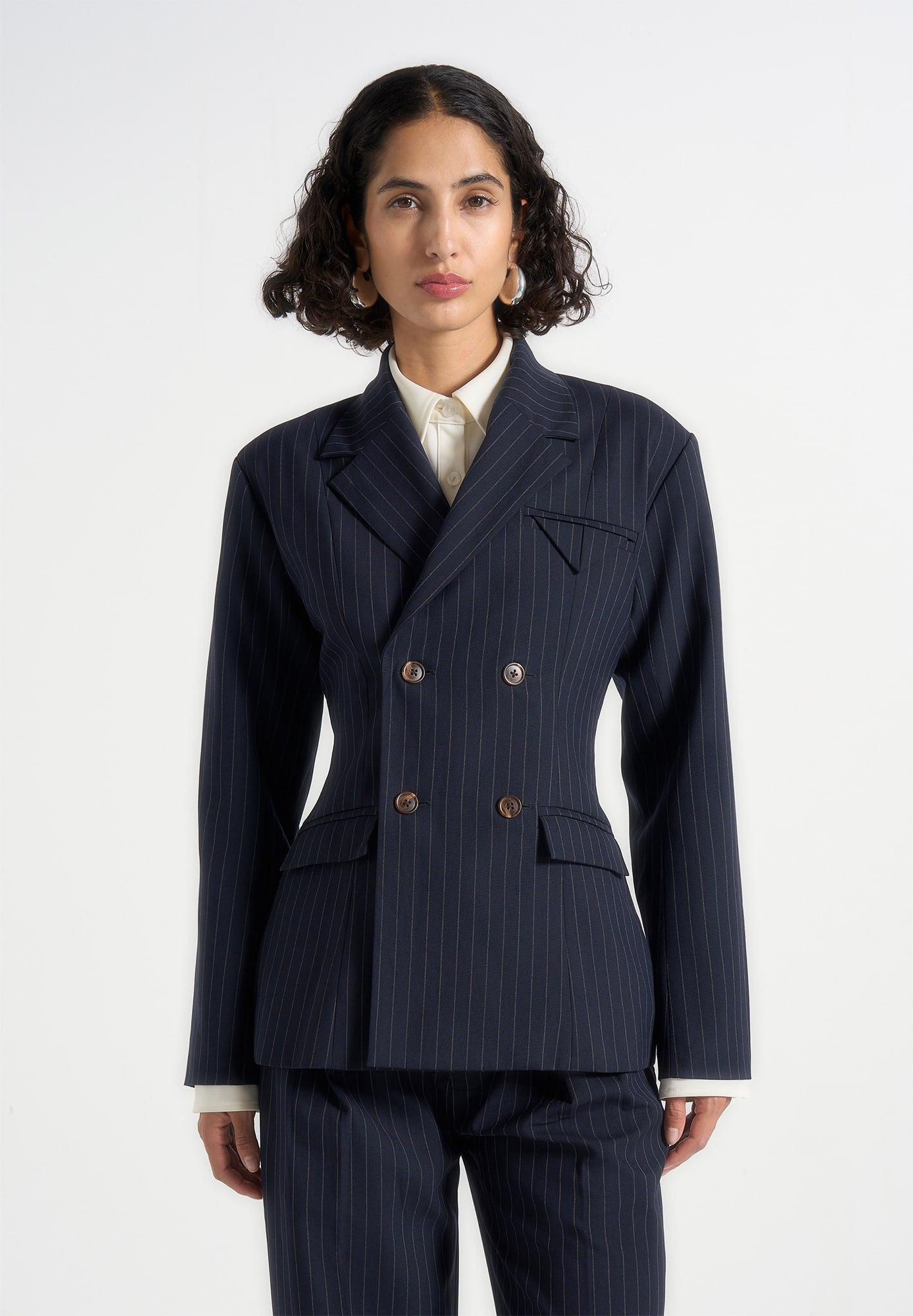Maia - Pinstripe Double Breasted Blazer - Navy