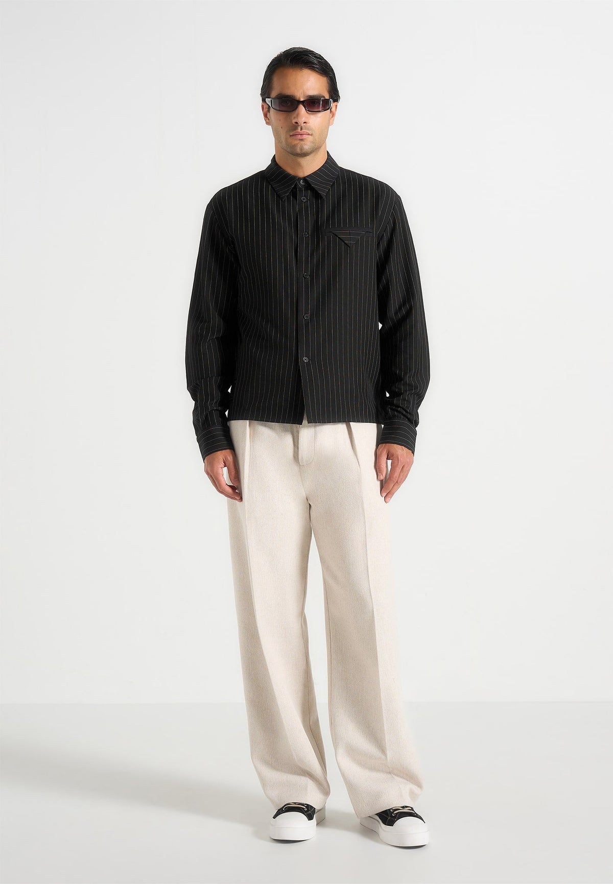 Arlo - Pinstripe Cropped Long Sleeve Shirt - Black