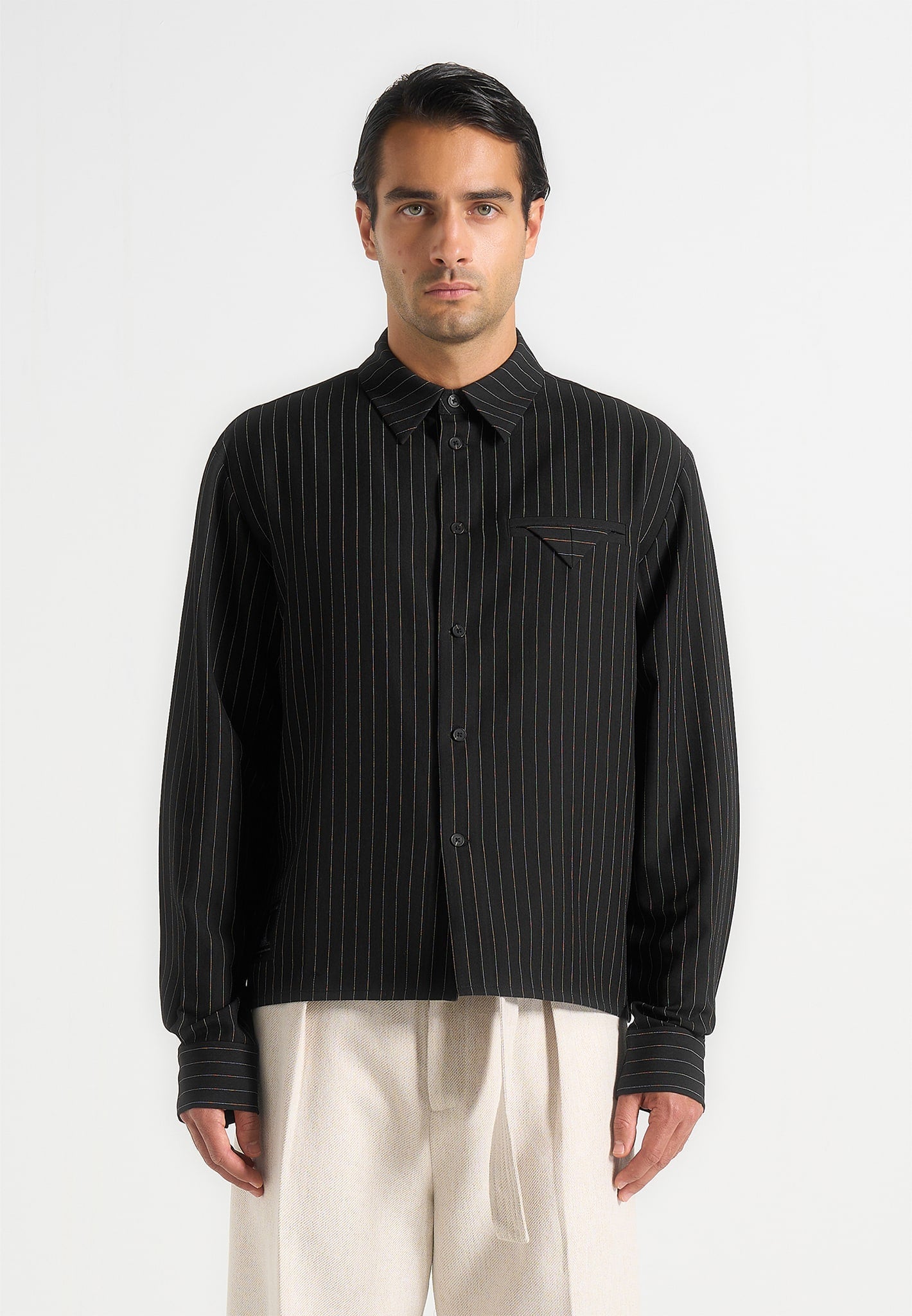 Men's Pinstripe Cropped Long Sleeve Shirt - Black - M - Arlo