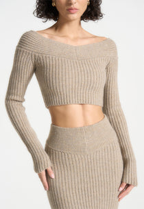 Off Shoulder Knit Crop Top - Beige Marl