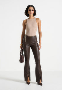 Ninon - Leather Fit And Flare Pants With Chain - Brown