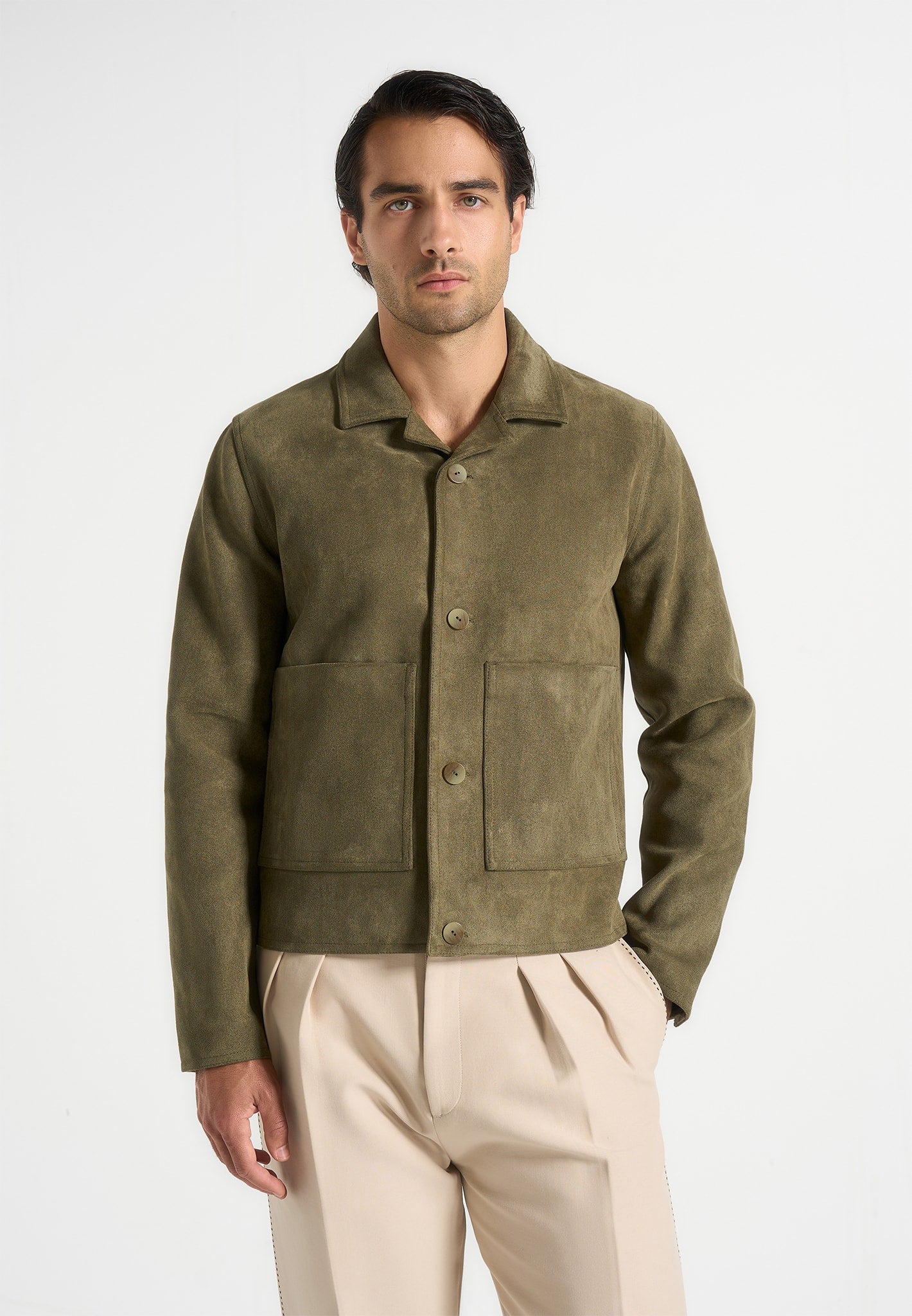 Michel - Suede Jacket With Revere Collar - Olive 