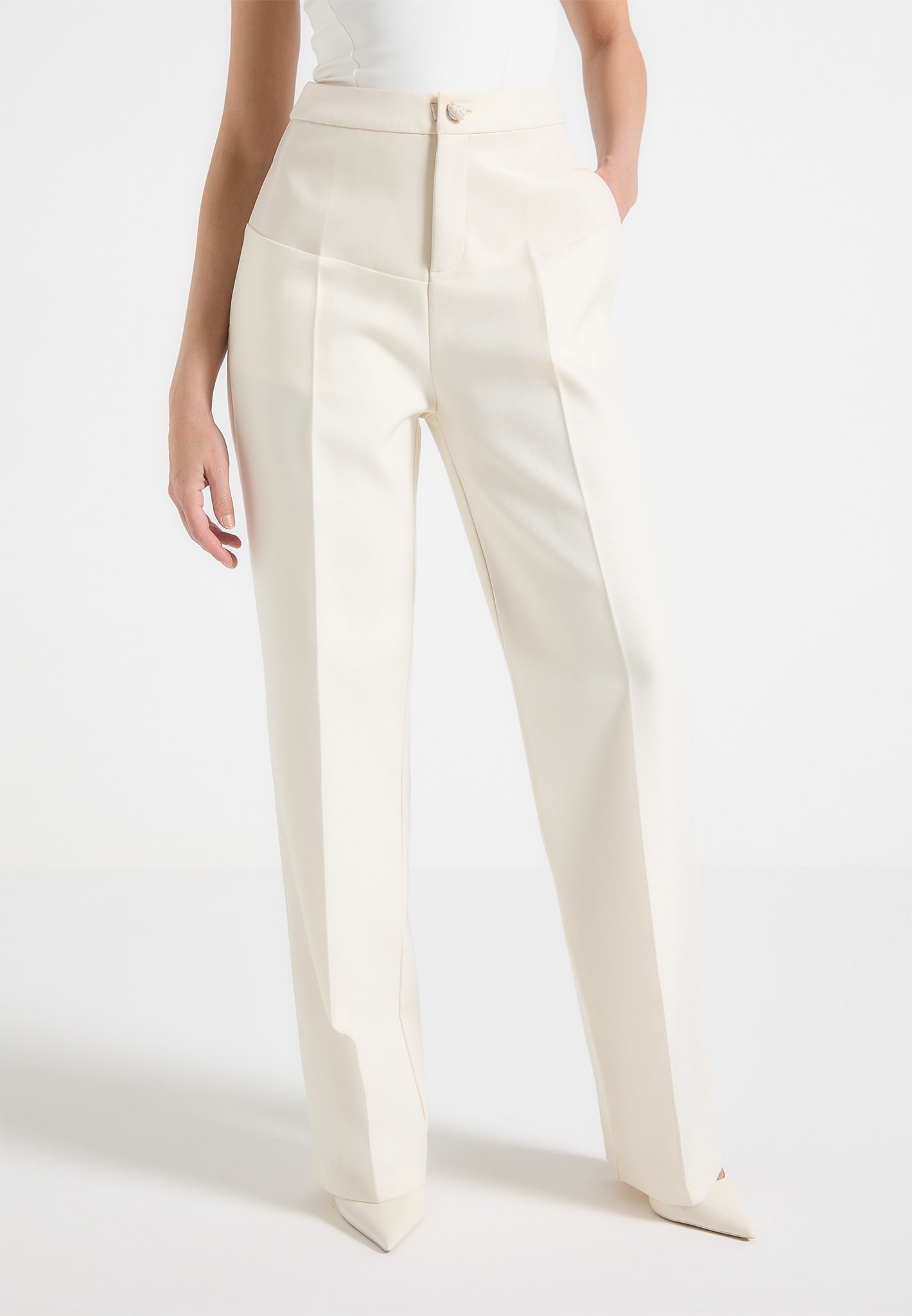 Women's Leather Panel Tailored Pants - Off White - US 4 - Blanche