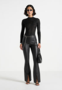 Ninon - Leather Fit And Flare Leggings With Chain - Black