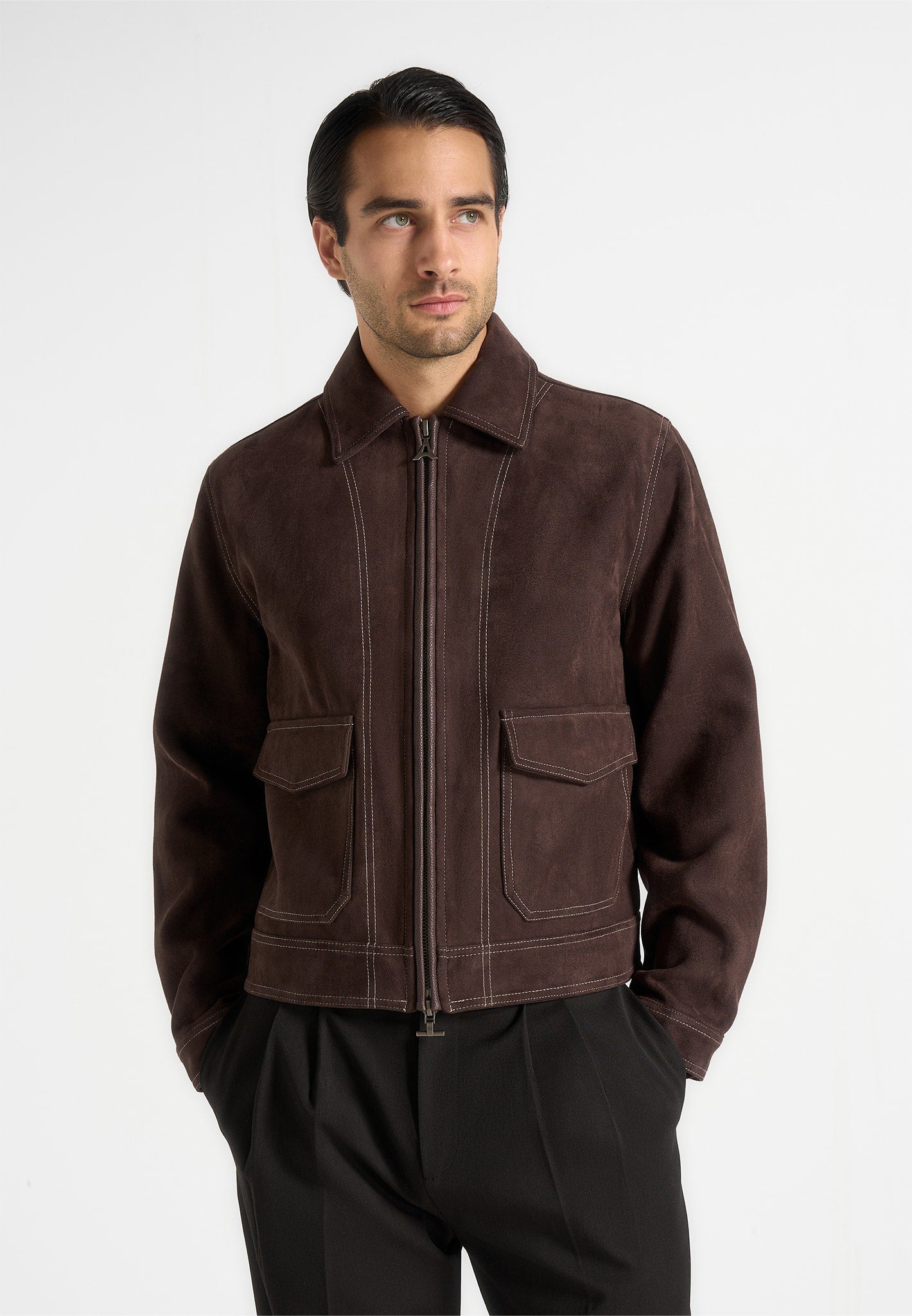 Vince - Suede Contrast Stitch Jacket - Brown 