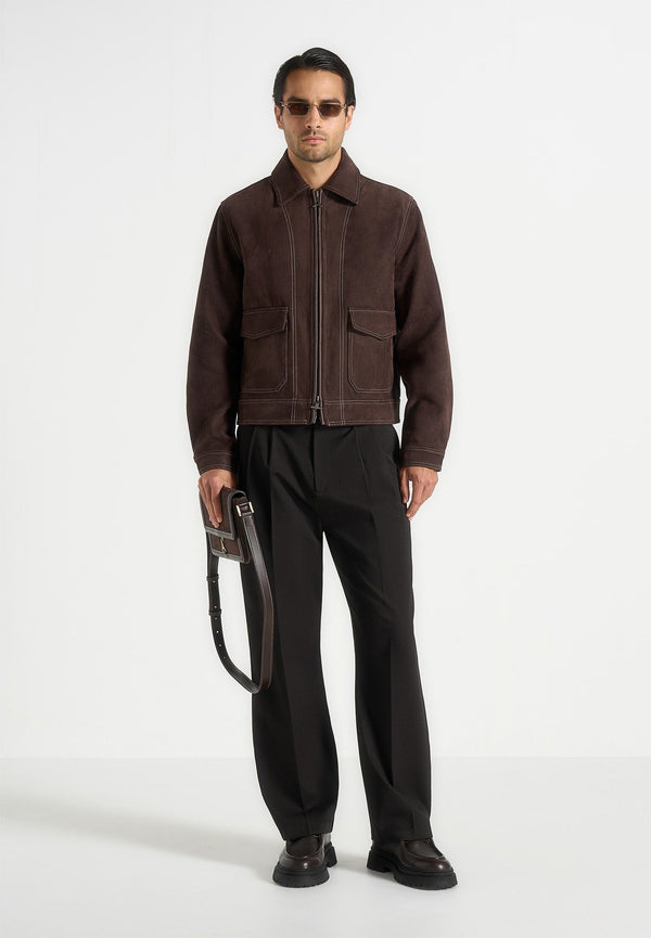 Vince - Suede Contrast Stitch Jacket - Brown