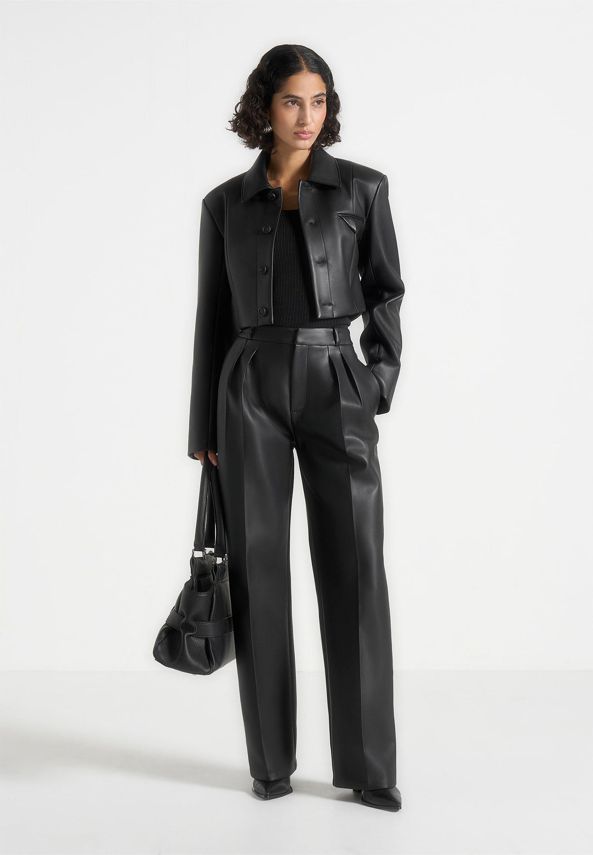 Ania - Wide Shoulder Leather Jacket - Black