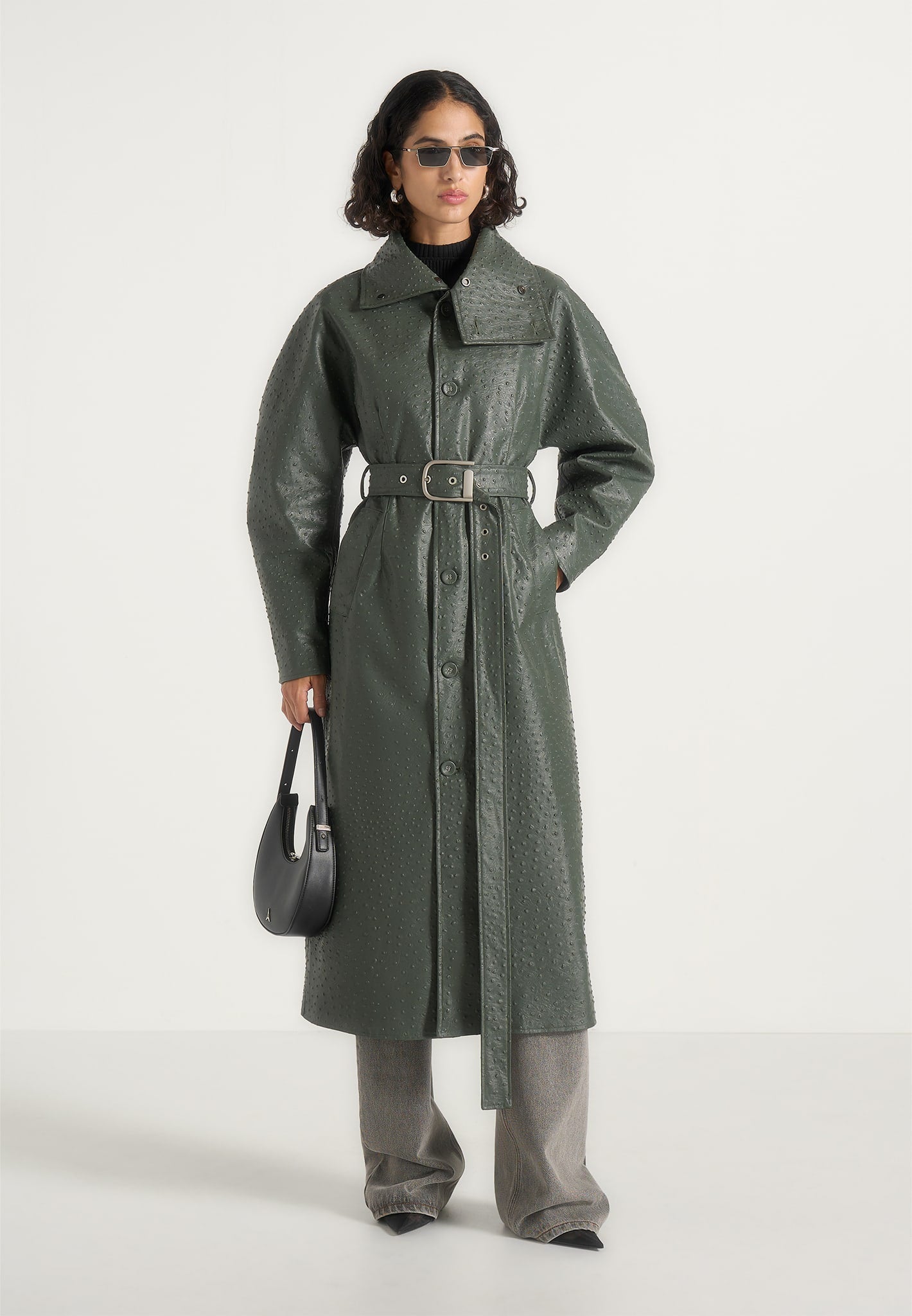 Leyna - Ostrich Hourglass Belted Coat - Olive | Manière De Voir USA