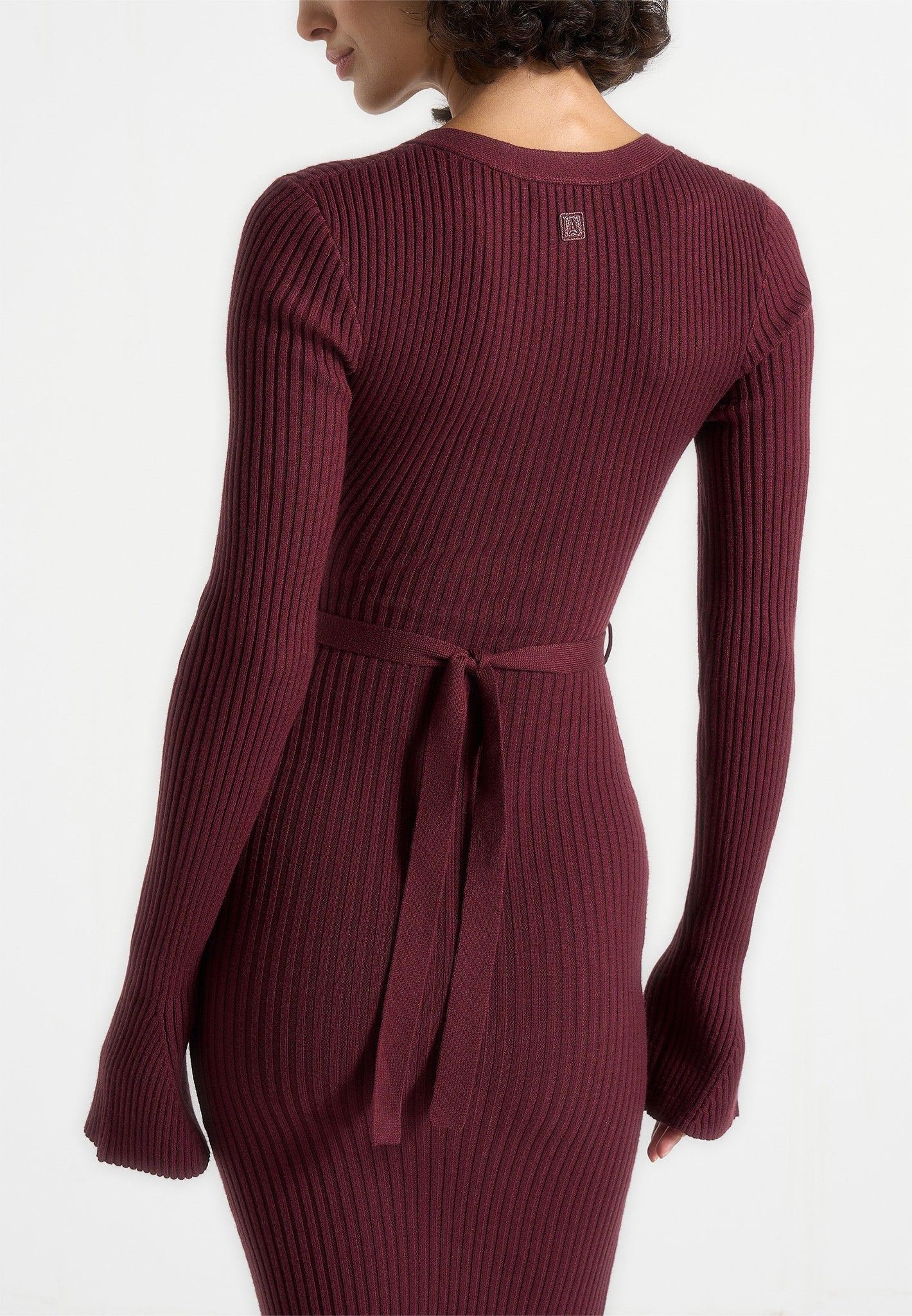 Women's Long Sleeve Knitted Maxi Dress With Belt - Wine Red - L - Assia