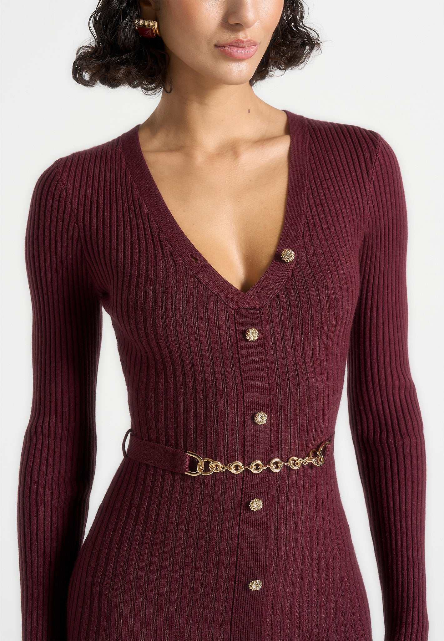 Women's Long Sleeve Knitted Maxi Dress With Belt - Wine Red - L - Assia - Manire de Voir Women's Long Sleeve Knitted Maxi Dress With Belt - Wine Red - L - Assia - Manire de Voir
