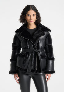 Blair - Leather and Plush Puffer Biker Jacket - Black