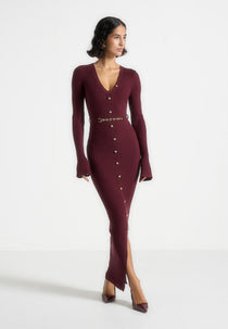 wine long sleeve dress Assia - Long Sleeve Knitted Maxi Dress With Belt - Wine Red