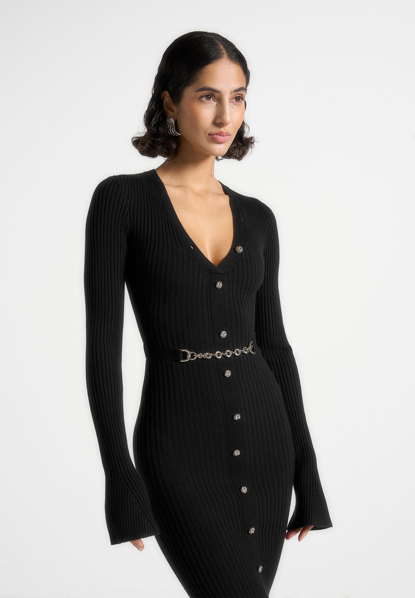 Assia - Long Sleeve Knitted Maxi Dress With Belt - Black | Manire De Voir USA Assia - Long Sleeve Knitted Maxi Dress With Belt - Black | Manire De Voir USA
