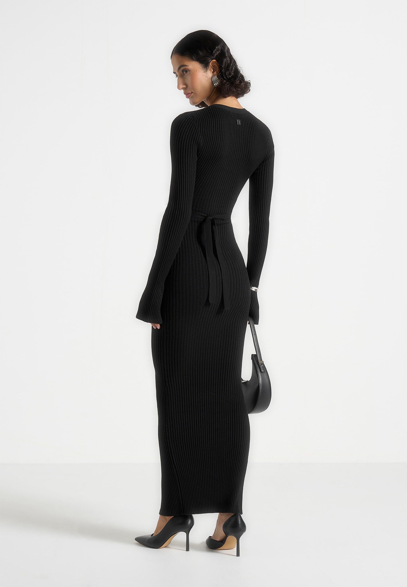 Women's Long Sleeve Knitted Maxi Dress With Belt - Black - L - Assia