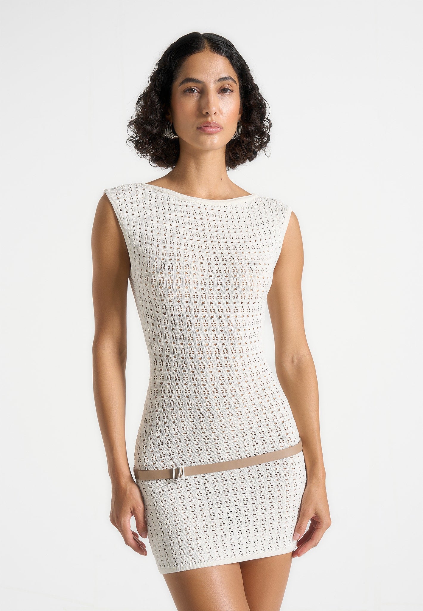 belt mini dress Keyla - Pointelle With - Cream Length:56 Brown Dress And Tights Sequined Prom Dress Halter neckline