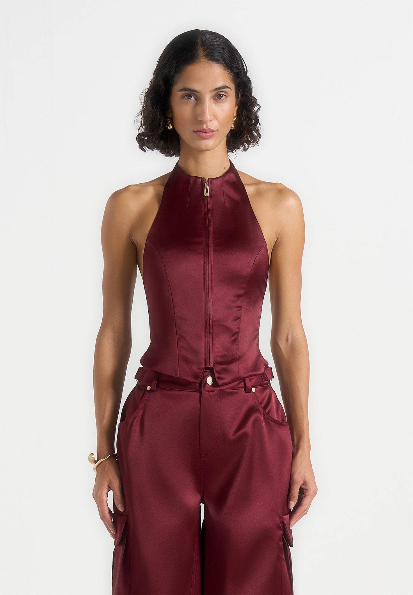Claudette - Satin Halterneck Backless Top - Wine Red