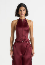Claudette - Satin Halterneck Backless Top - Wine Red