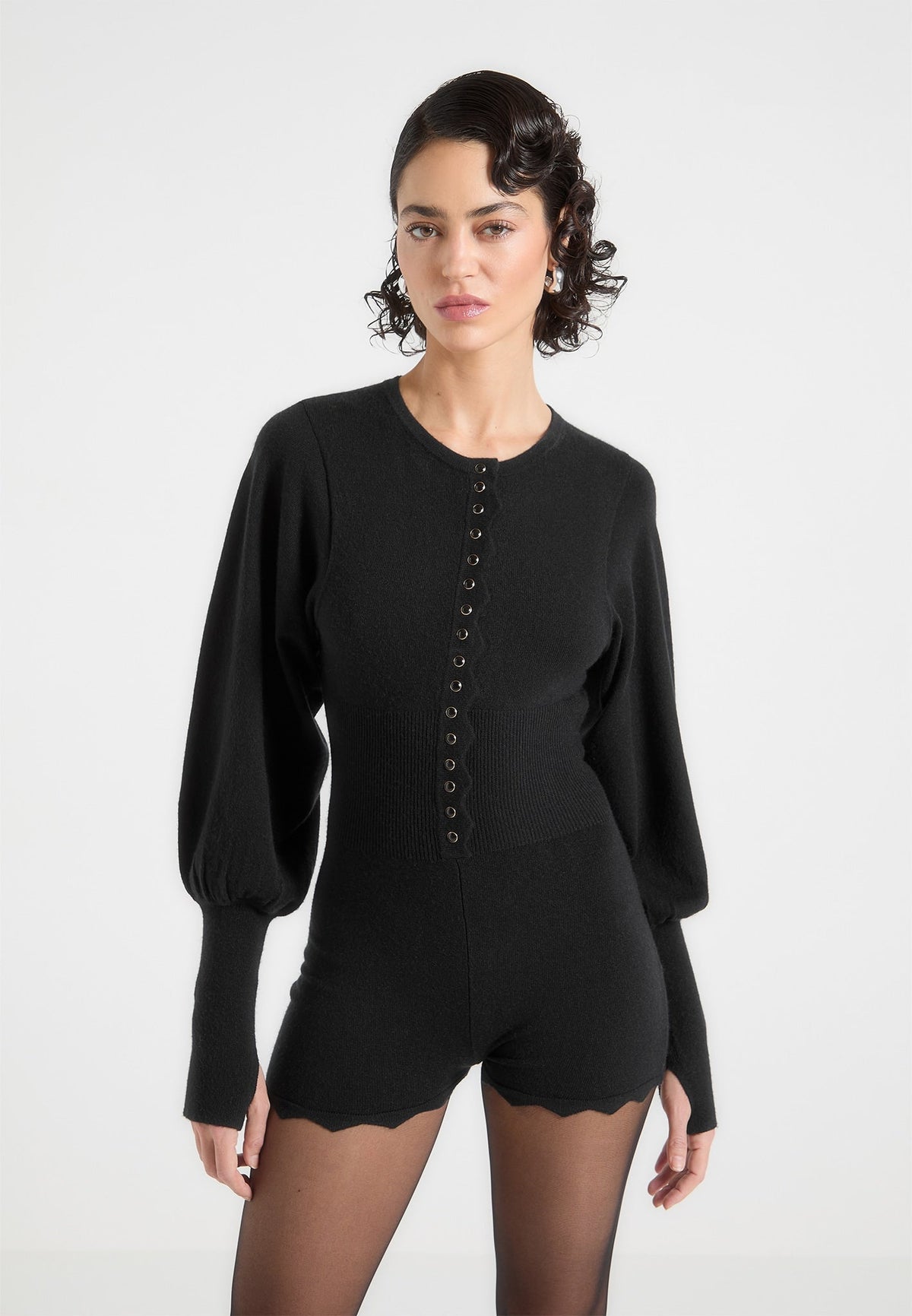 Michele - Knitted Scallop Hem Playsuit - Black
