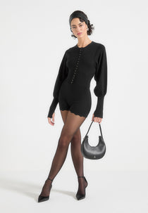 Michele - Knitted Scallop Hem Playsuit - Black